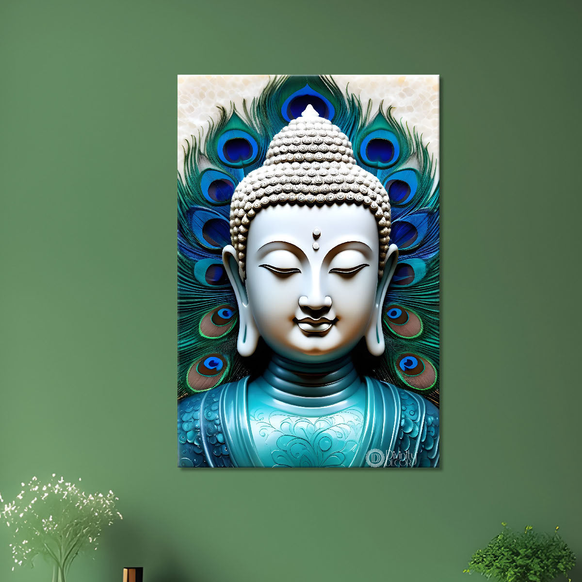 White buddha face with peacock feathers background textured painting - Buddha-V-49