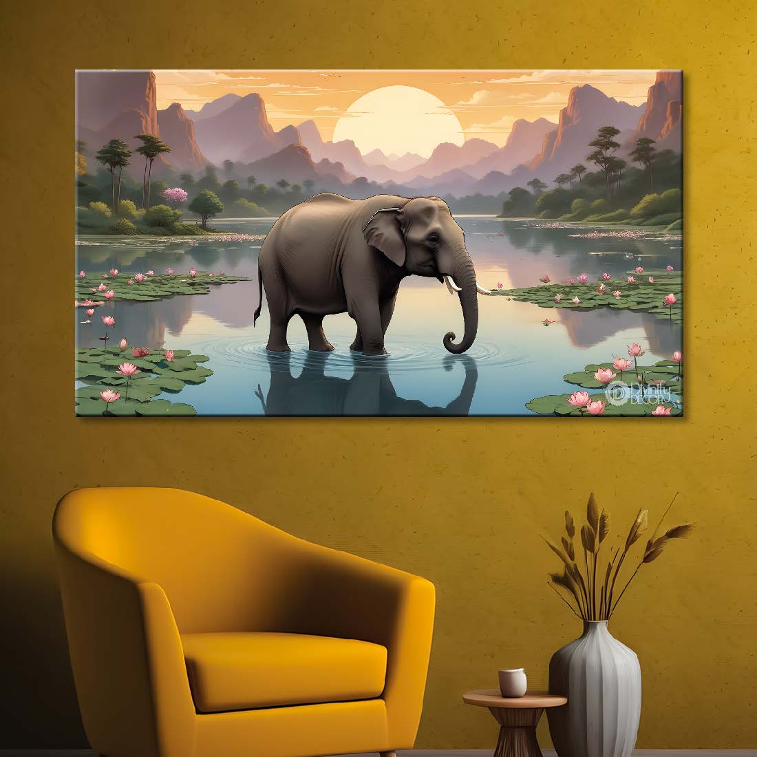 Elephant with river and mountains in sunrise textured art. - Design - Animal - 49