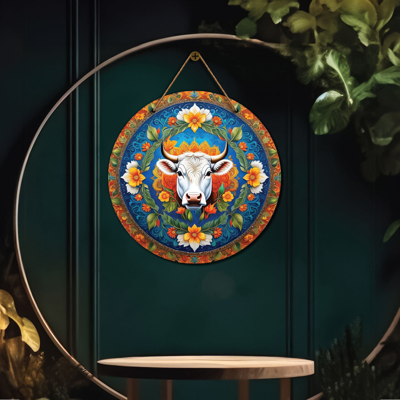 Cow in blue and orange mandala Round Wooden Wall Hanging for wall Décor - Design - 49