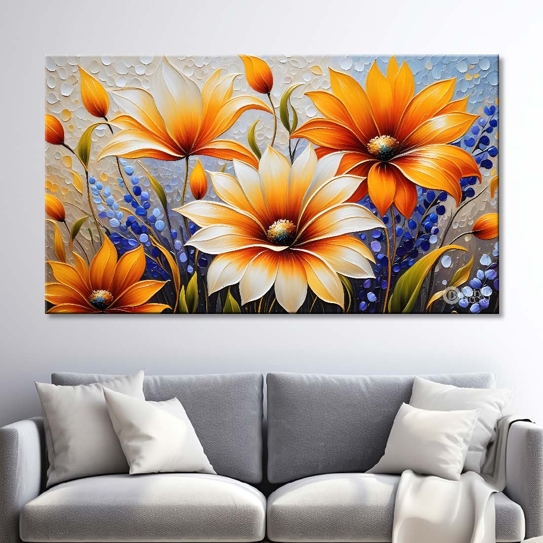 White and orange flowers with bight textured painting- Design - Flower-50