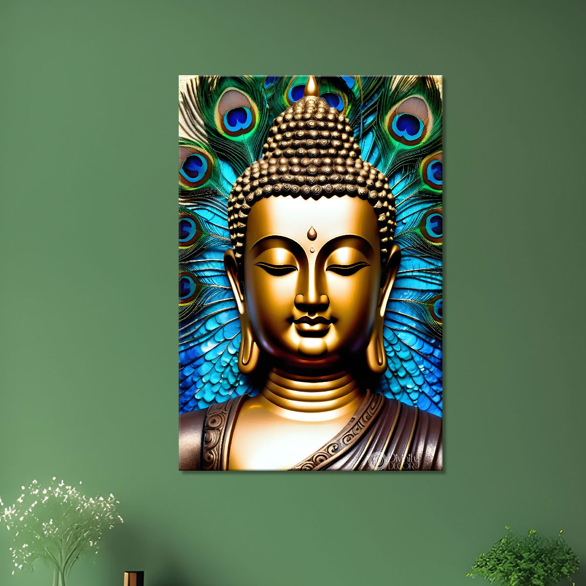 Golden buddha face with peacock feathers background textured painting - Buddha-V-50