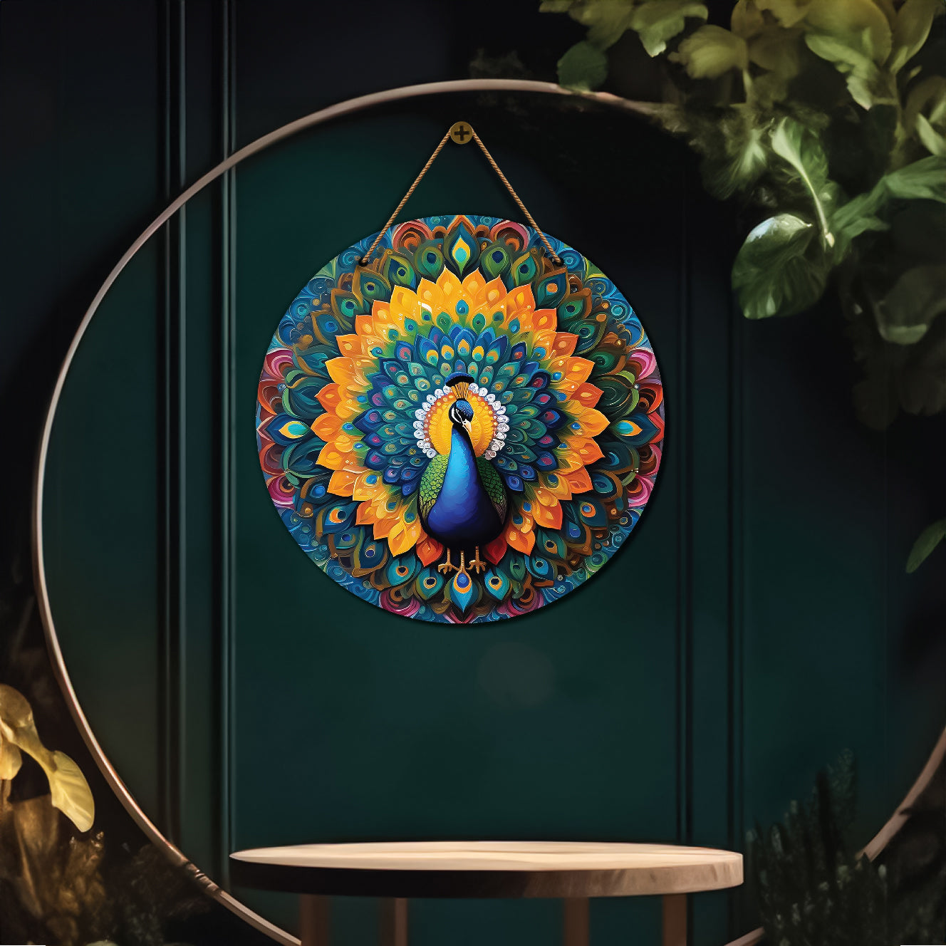 Peacock in orange and green mandala Round Wooden Wall Hanging for wall Décor - Design - 50