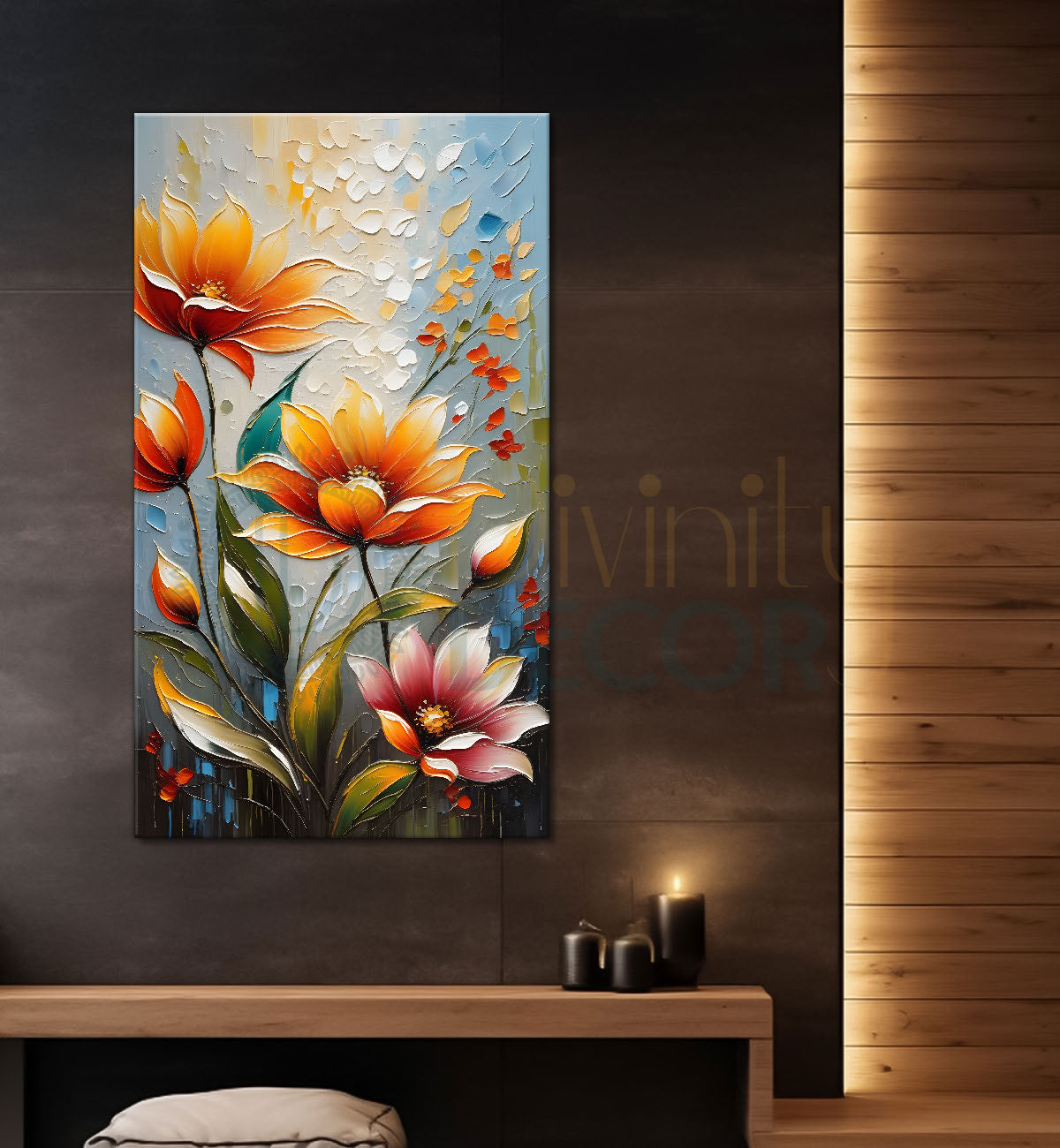 Orange flowers in blue textured background painting - Flower-V-50