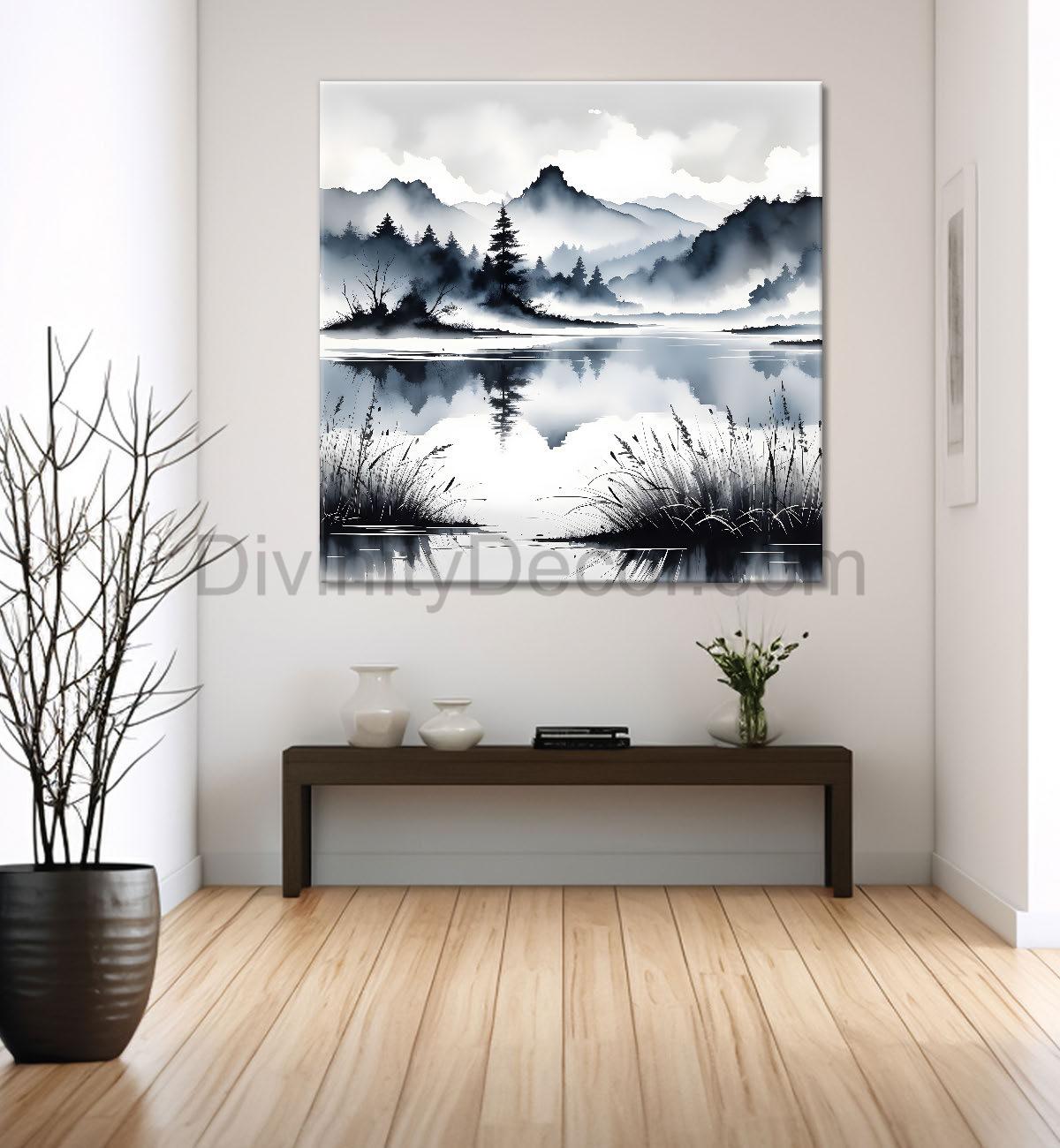 Mountains with trees and river with clouds water colour painting Canvas Painting 24X24- Nature Art -S-50