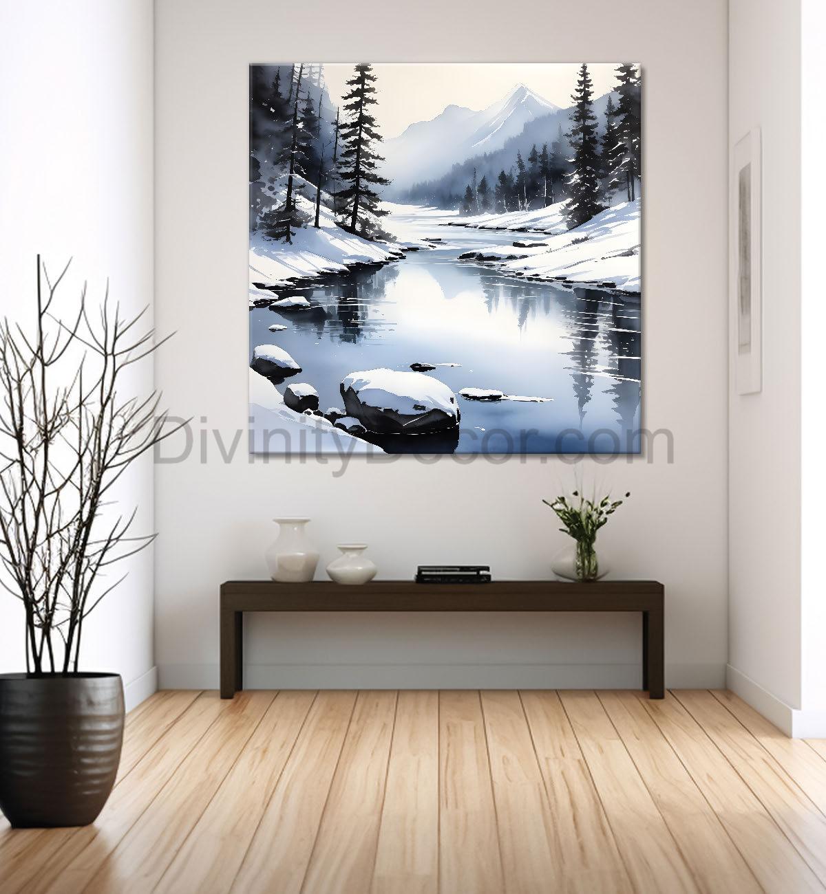 Mountains with trees and river with clouds water colour painting Canvas Painting 24X24 - Nature Art -S-51