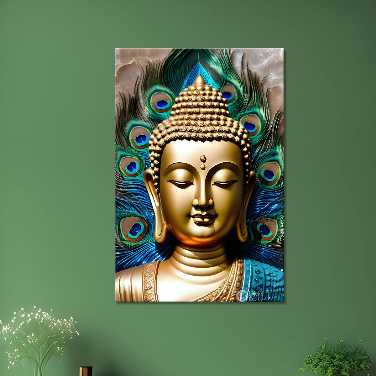 Golden buddha face with peacock feathers background textured painting - Buddha-V-51