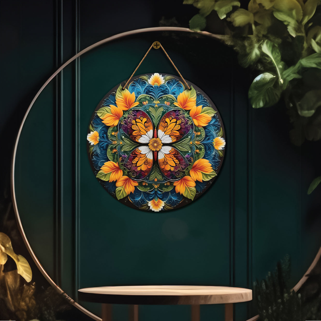 Colourful Butterfly in floral and blue mandala Round Wooden Wall Hanging for wall Décor - Design - 51