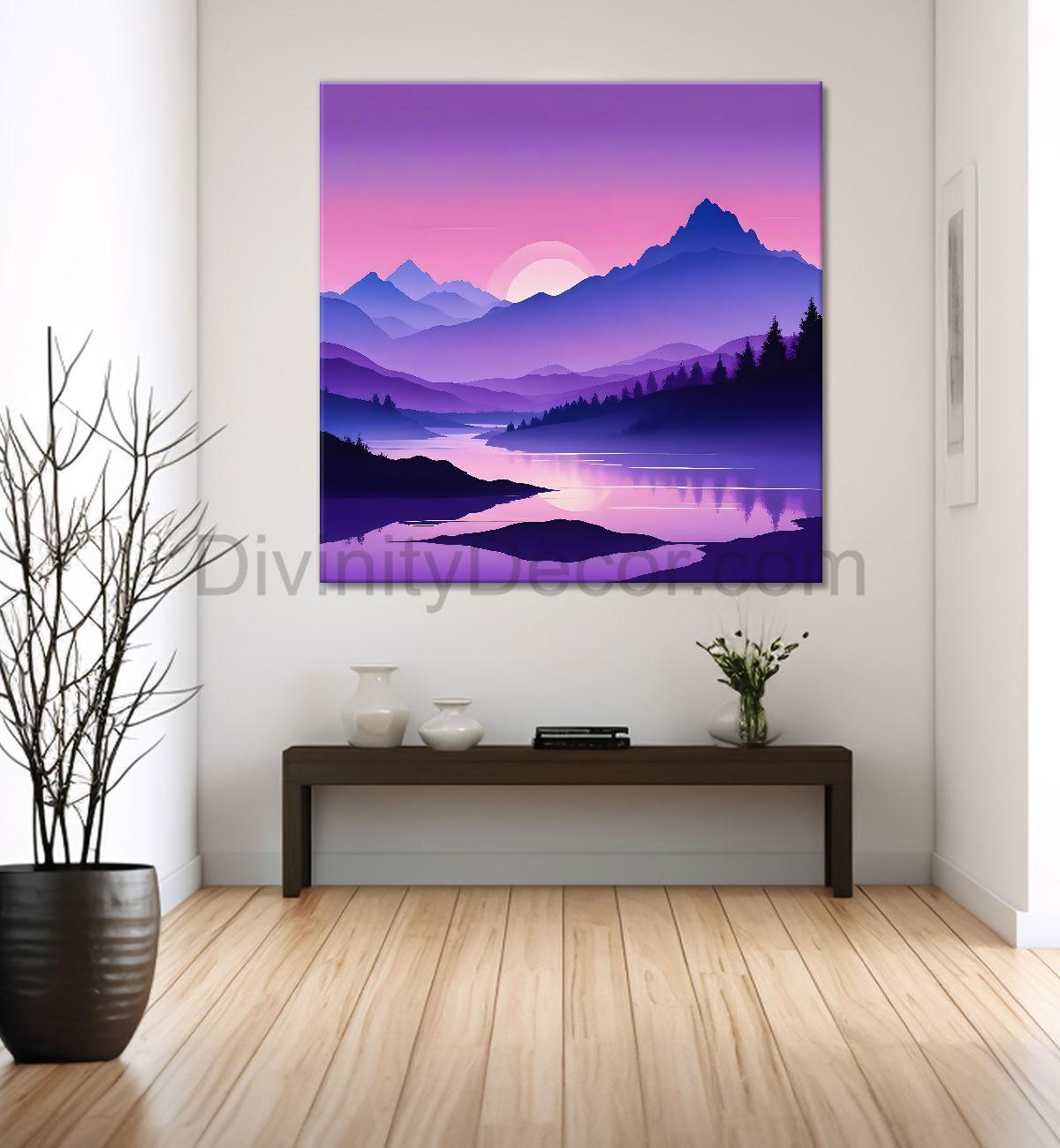 Mountains with sunset in purple textured painting Canvas Painting 24X24- Nature Art -S-52