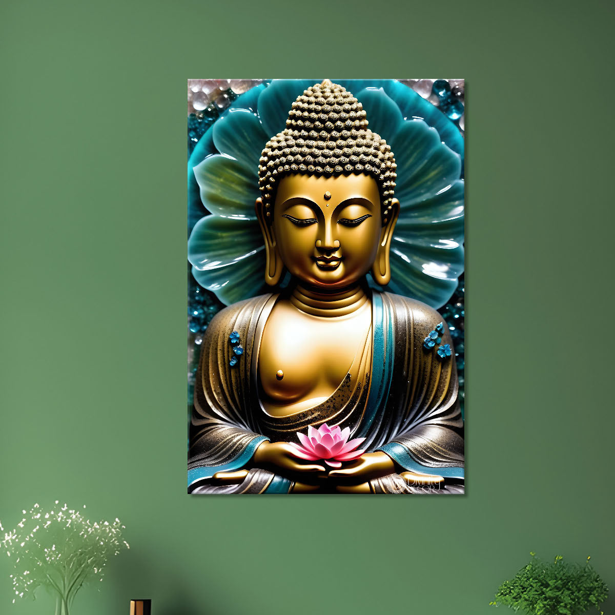 Golden buddha face with blue flowers background textured painting - Buddha-V-52