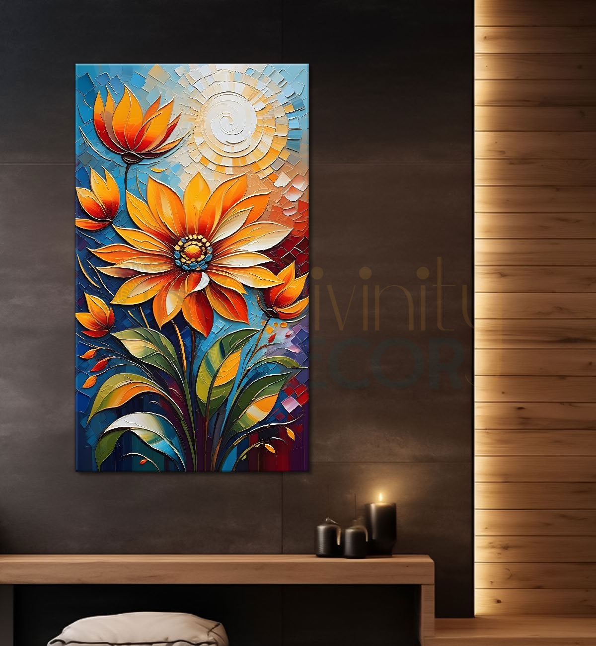 Orange flowers in blue textured background painting - Flower-V-52