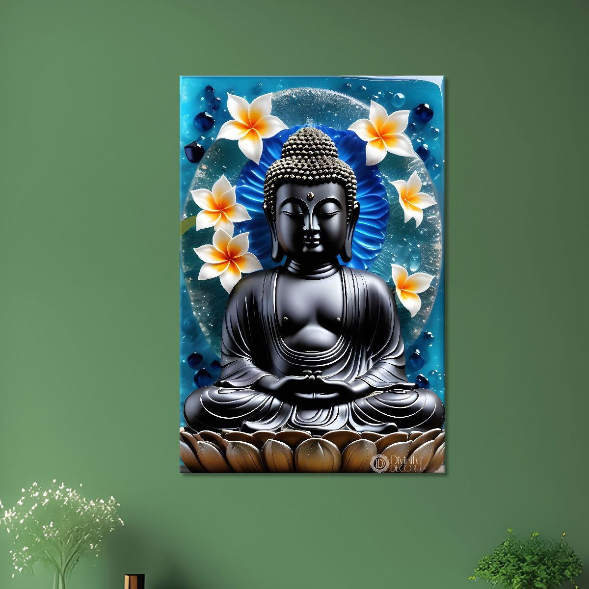 Grey buddha  in white flowers background textured painting - Buddha-V-53