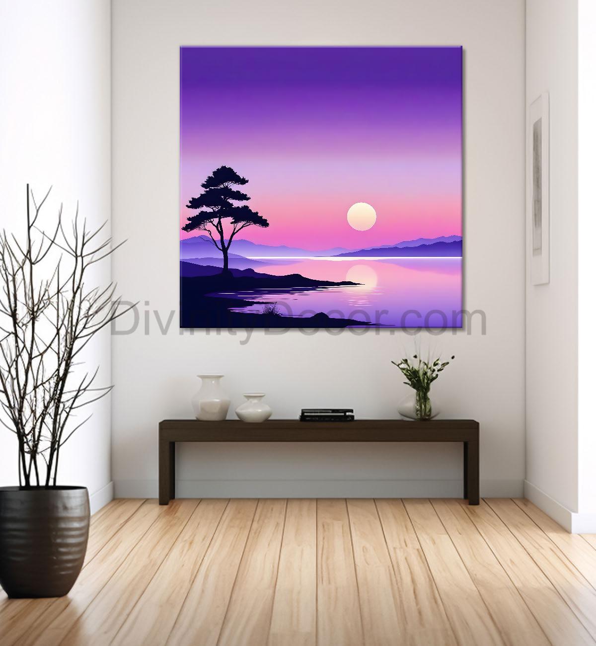 Mountains with sunset in purple textured painting Canvas Painting 24X24- Nature Art -S-53