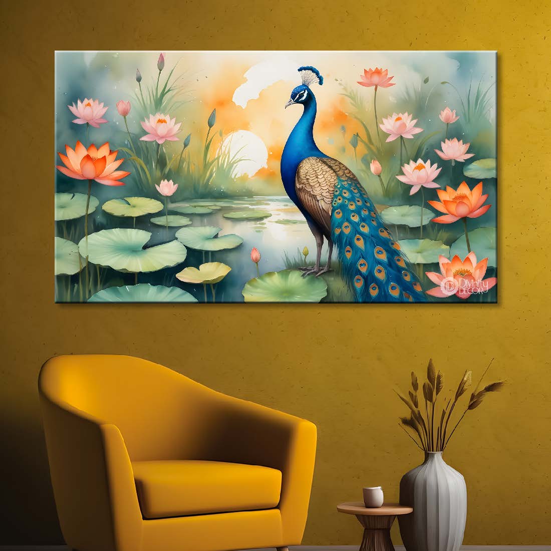 Peacock with lotus in green background textured art - Design - Animal -53