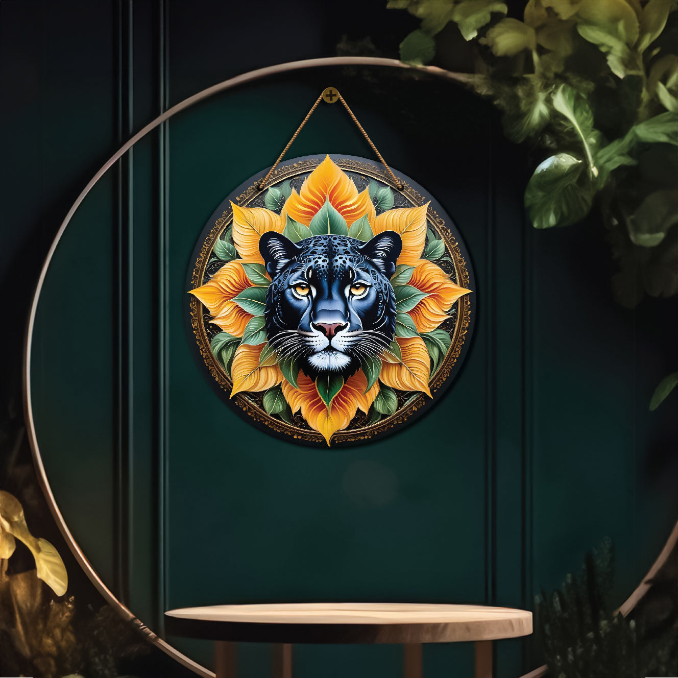Panther in yellow and black mandala Round Wooden Wall Hanging for wall Décor - Design - 53