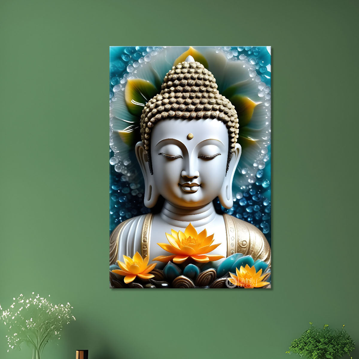 White buddha face with blue and orange flowers background textured painting - Buddha-V-54