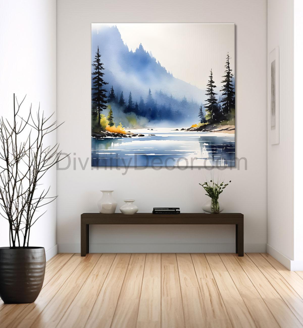 Mountains with trees and river with clouds water colour painting Canvas Painting 24X24- Nature Art -S-54