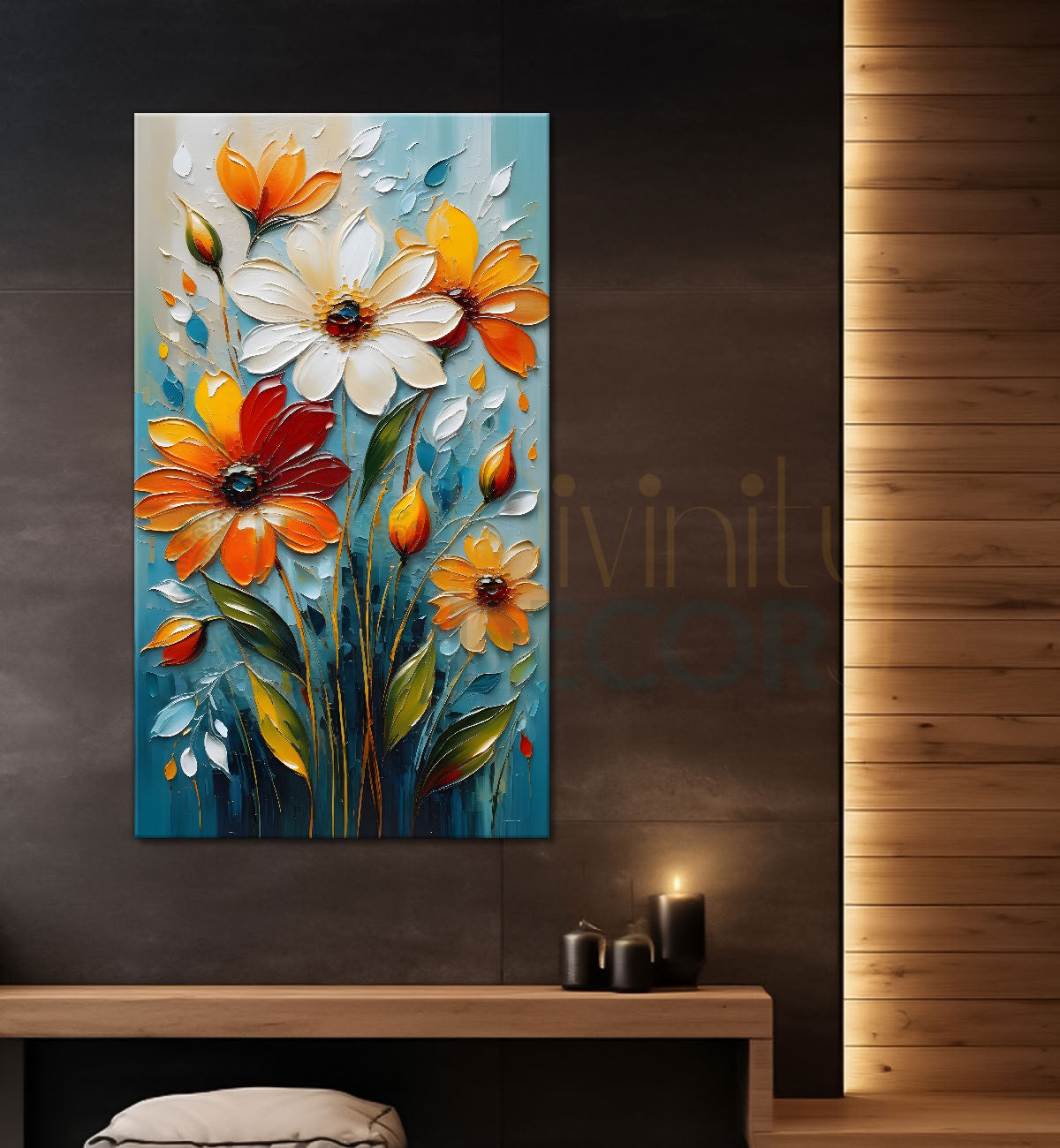 Orange and white flowers in blue textured background painting - Flower-V-55