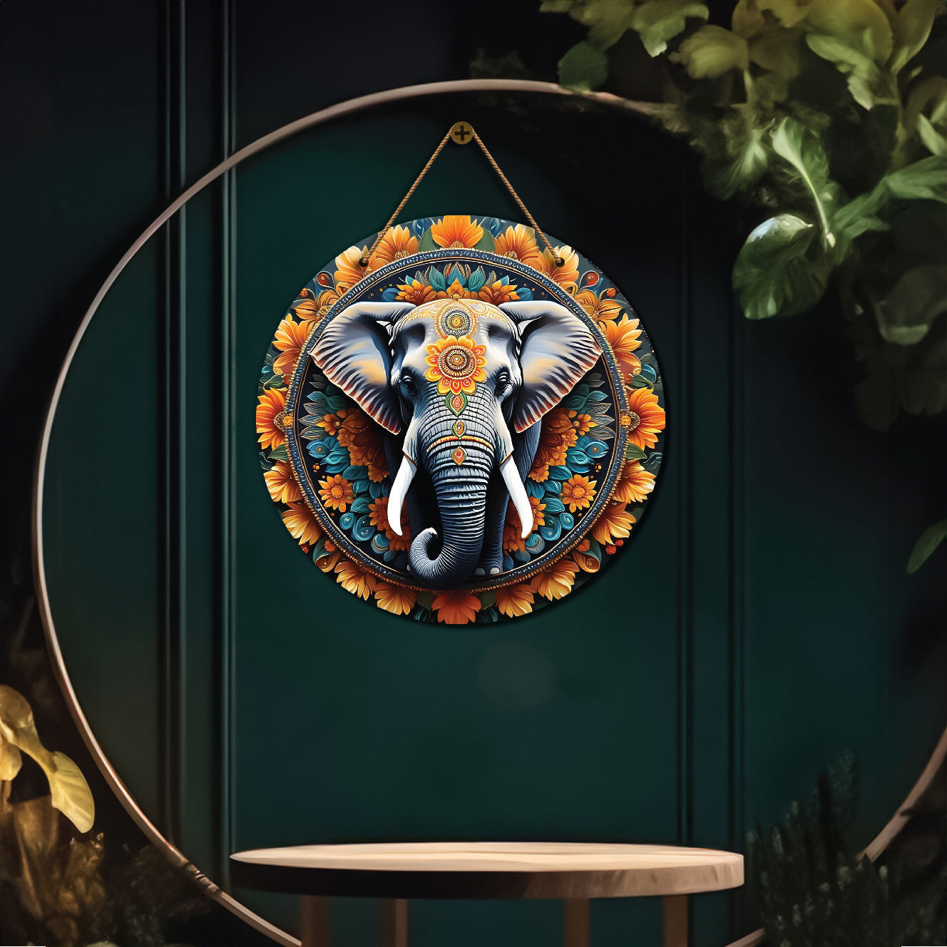 Elephant in orange and blue mandala Round Wooden Wall Hanging for wall Décor - Design - 55