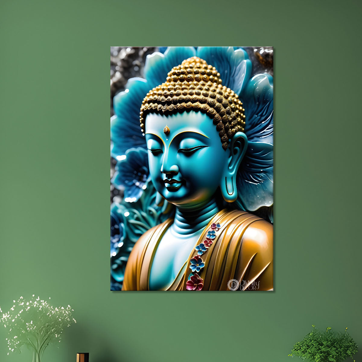 Blue buddha with blue flower background textured painting - Buddha-V-55