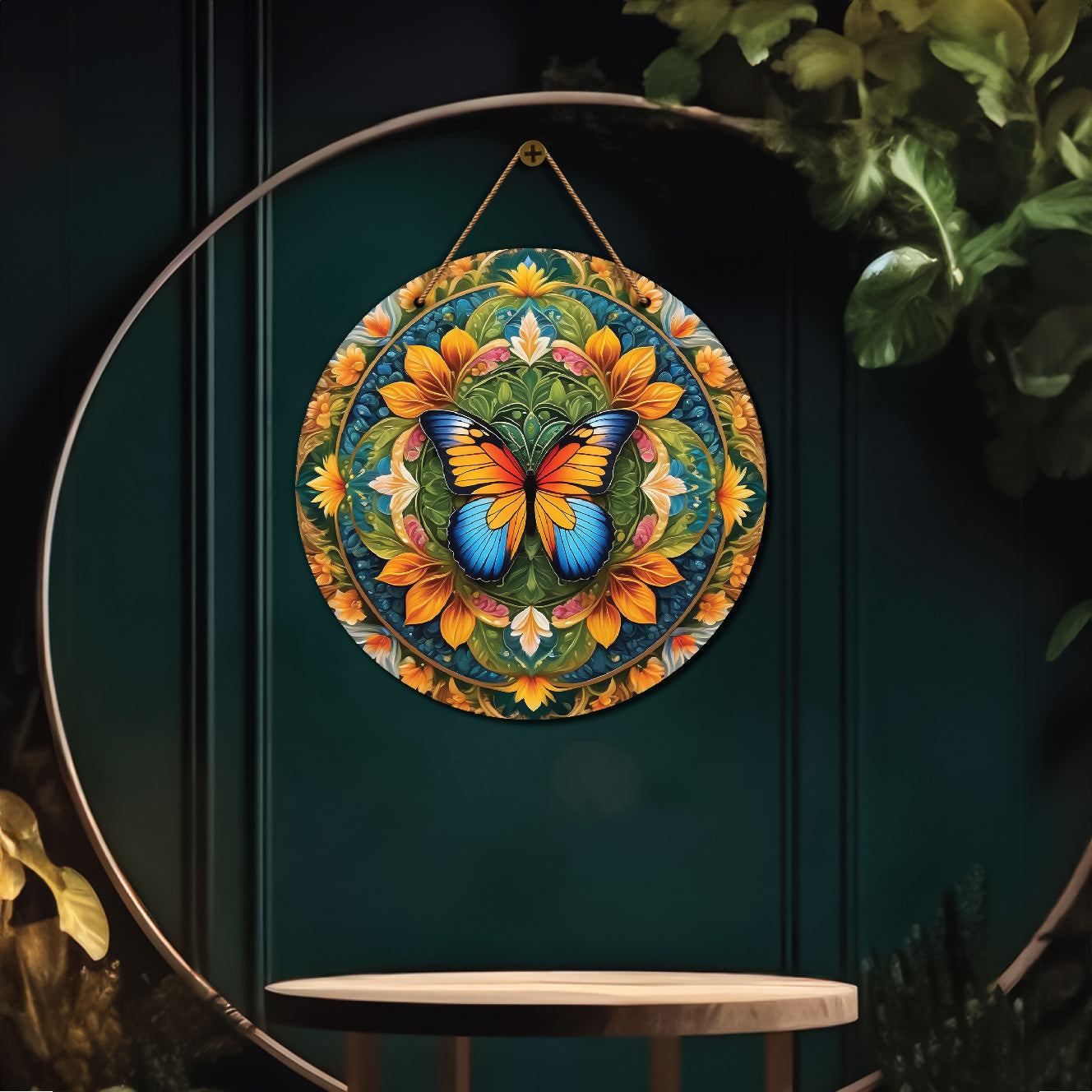 Colourful butterfly in green mandala Round Wooden Wall Hanging for wall Décor - Design - 56