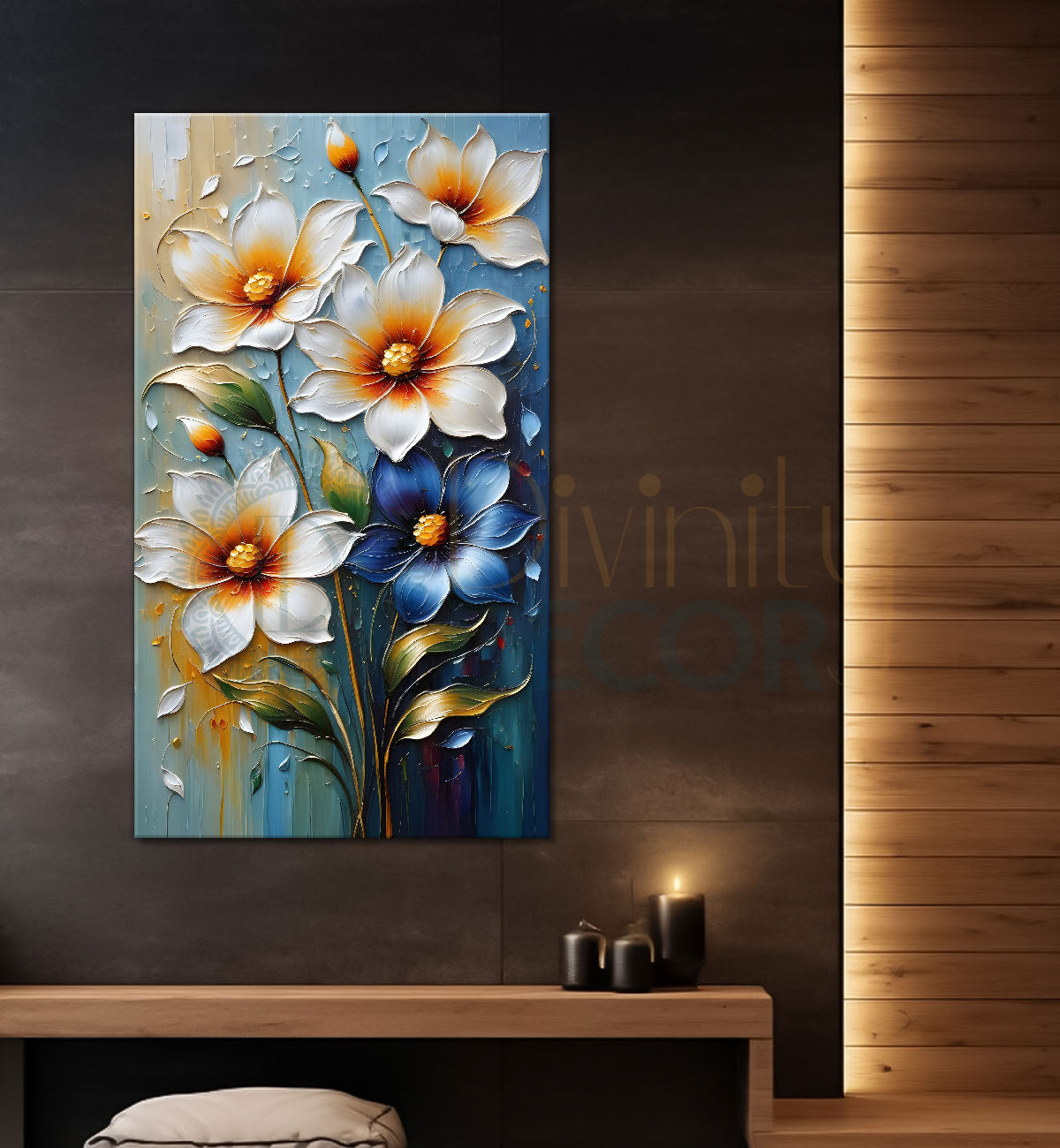 White flowers in blue textured background painting - Flower-V-56