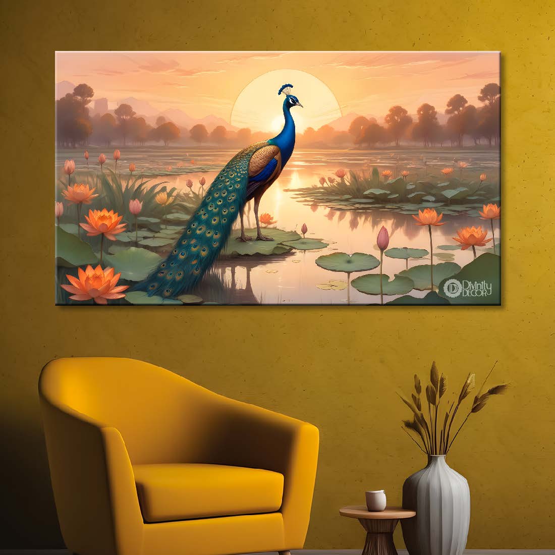 Peacock with orange lotus with trees and sunrise textured art.- Design - Animal - 56
