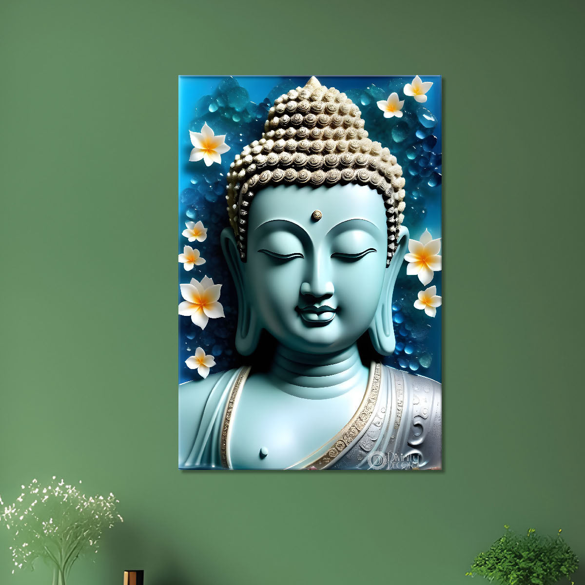 Sky blue buddha  in white flowers background textured painting - Buddha-V-56