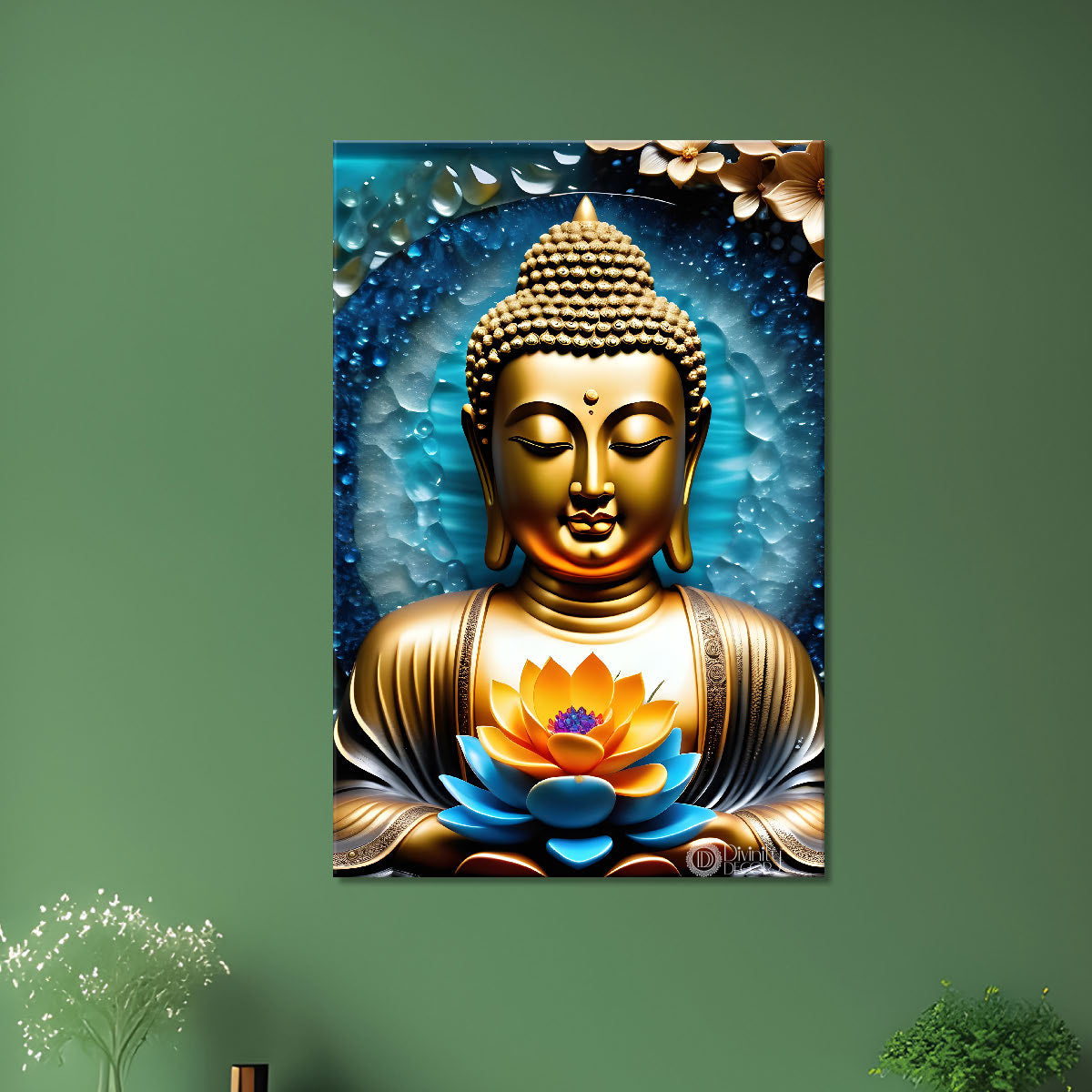 Golden buddha with blue background painting - Buddha-V-57