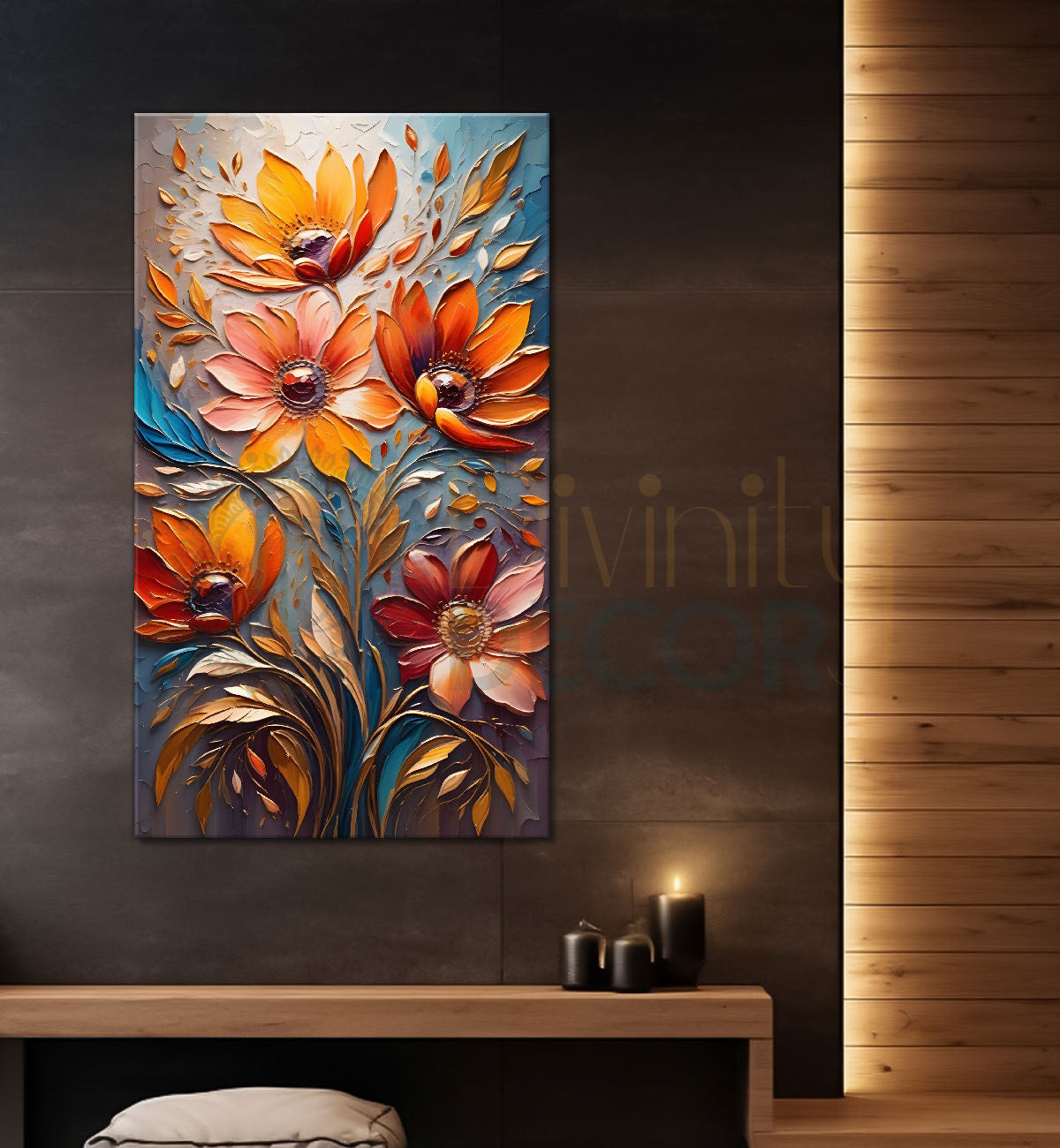 Orange flowers in colourful textured background painting - Flower-V-57