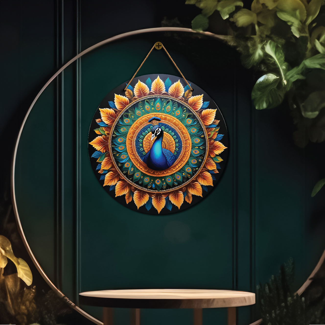 Peacock in orange and green mandala Round Wooden Wall Hanging for wall Décor - Design - 57