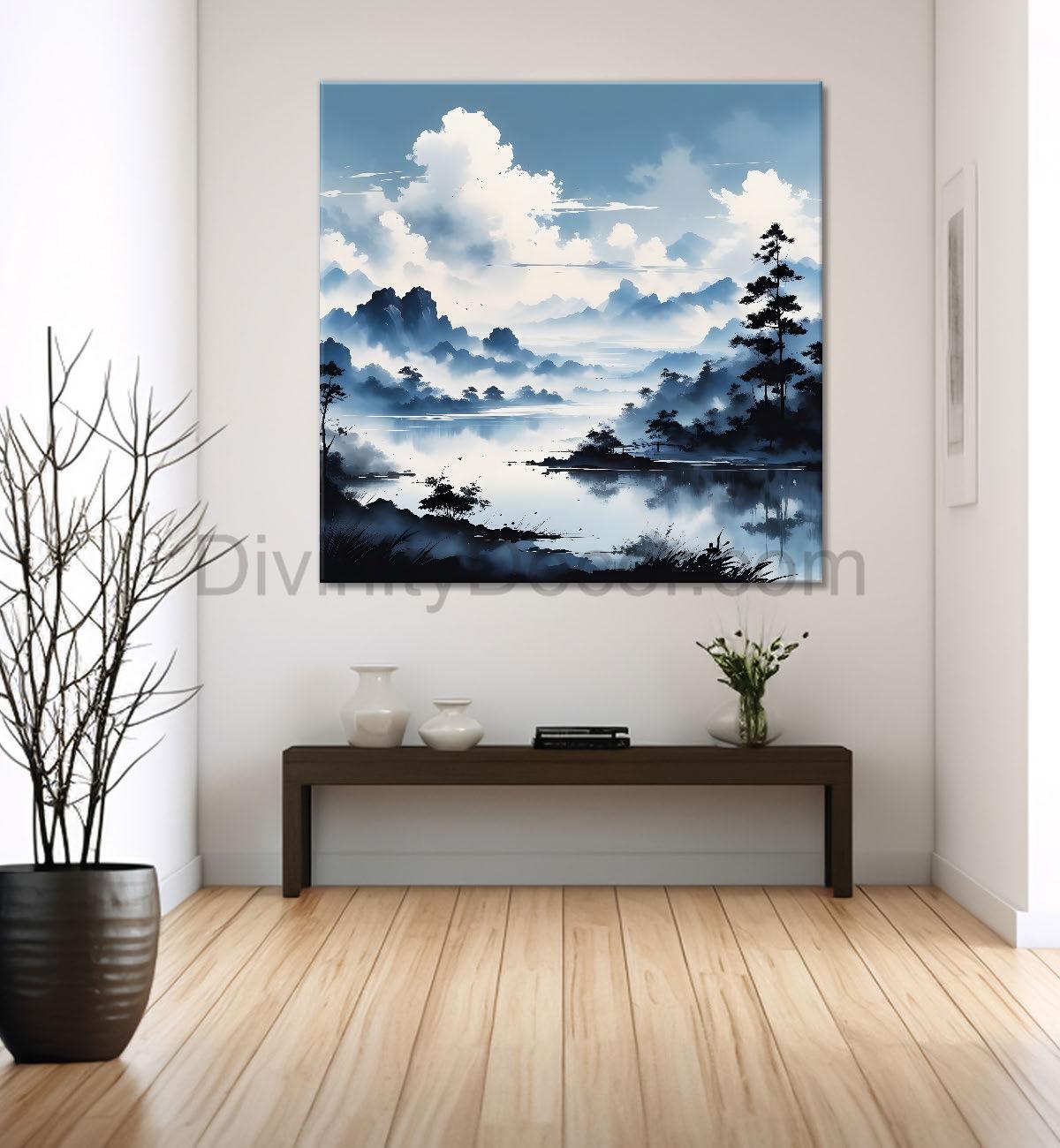 Mountains with trees and river with clouds water colour painting Canvas Painting 24X24- Nature Art -S-58