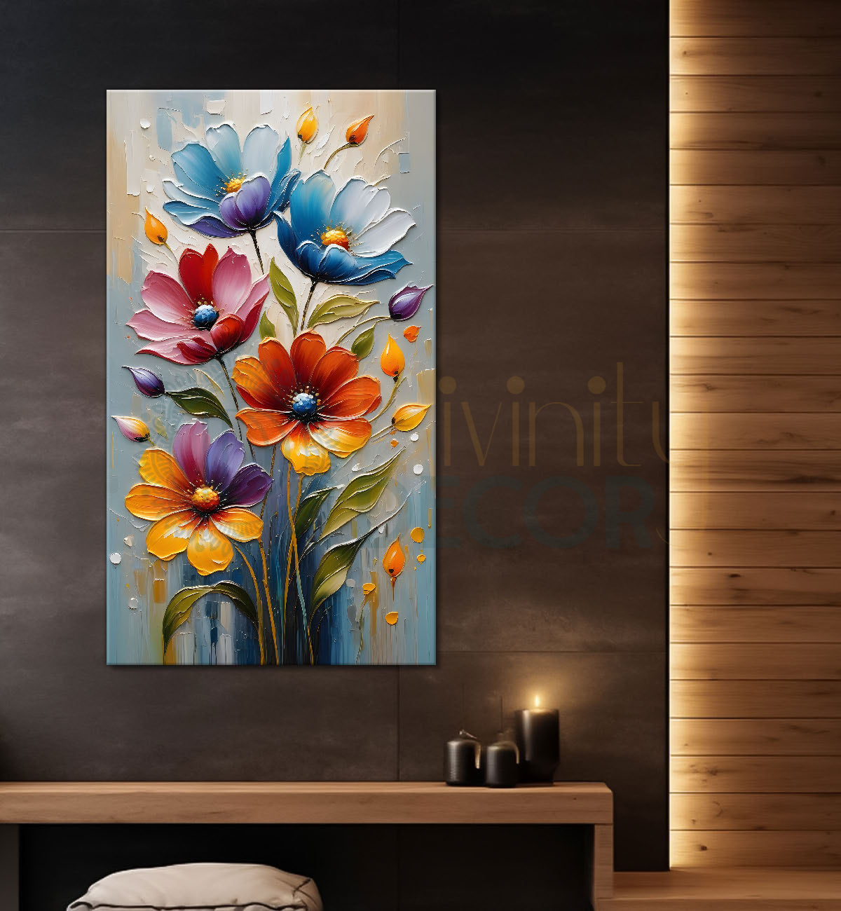 Colourful flowers in grey  textured background painting - Flower-V-58