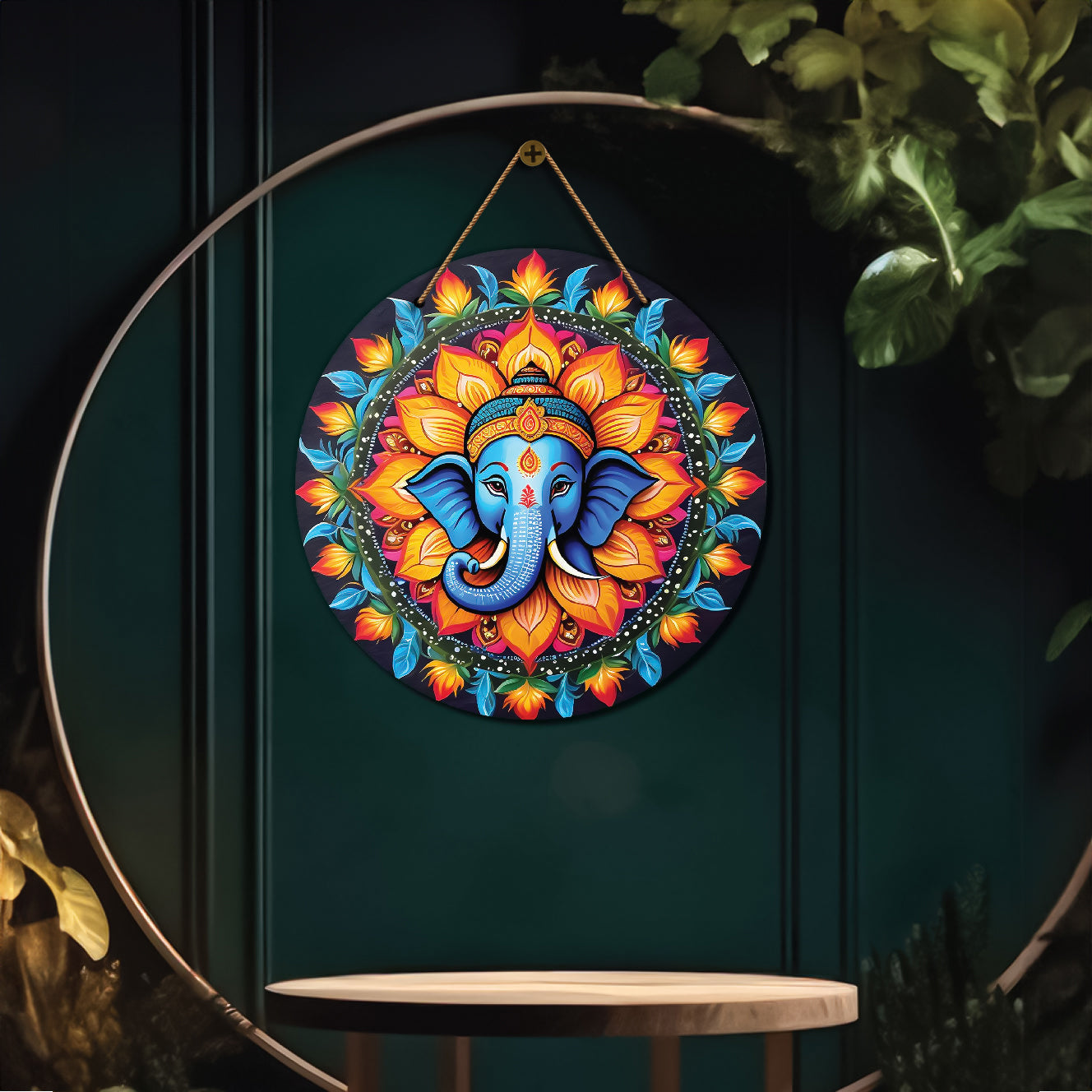 Ganesh Ji in orange and green mandala Round Wooden Wall Hanging for wall Décor - Design - 58