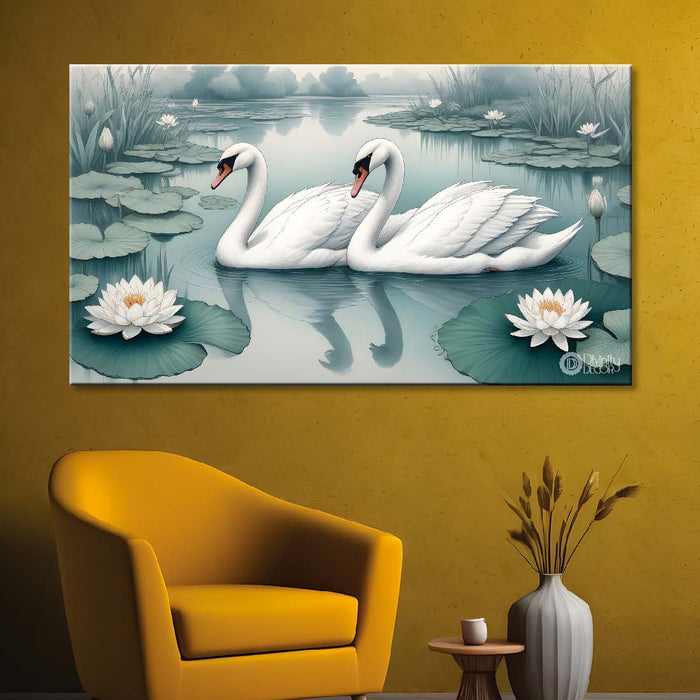 Two swans floating with white lotus in fog textured art - Design - Animal -58
