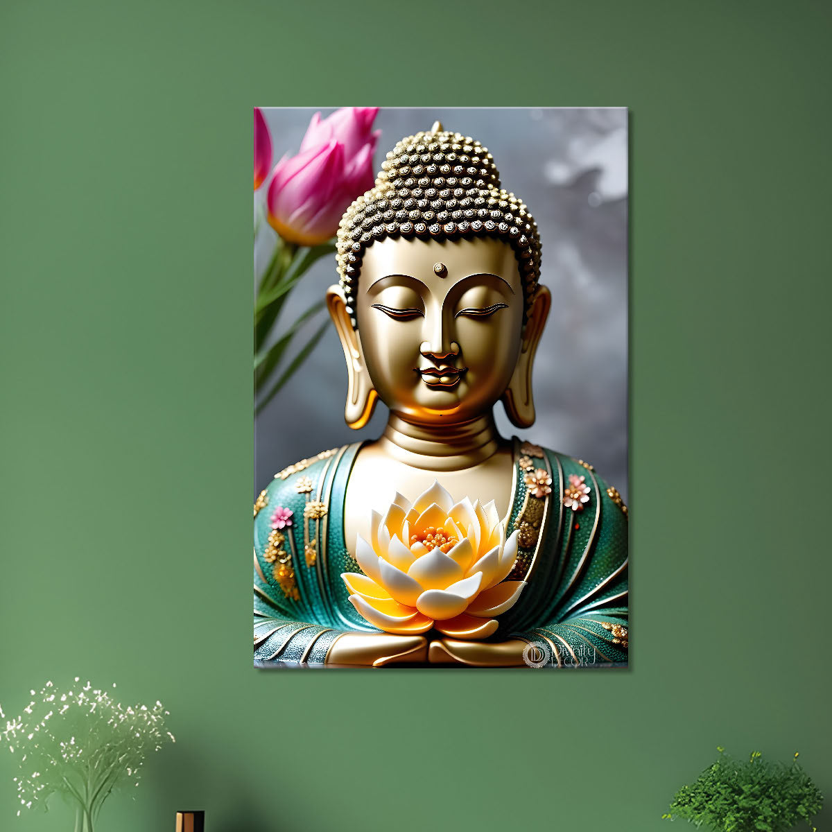Golden buddha with grey background textured painting - Buddha-V-58
