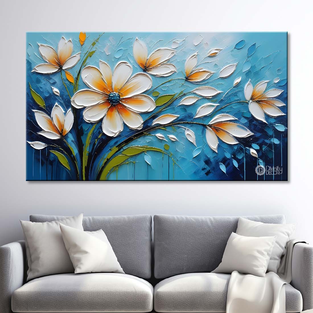 White flowers with blue textured painting- Design - Flower-59