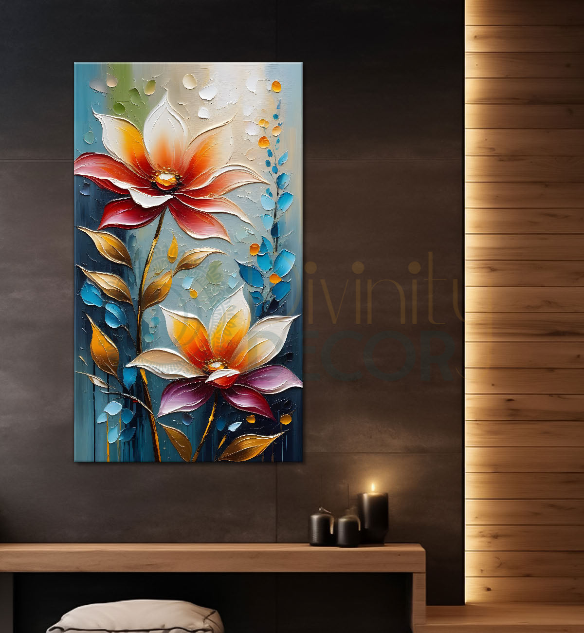 Orange flowers in blue textured background painting - Flower-V-59