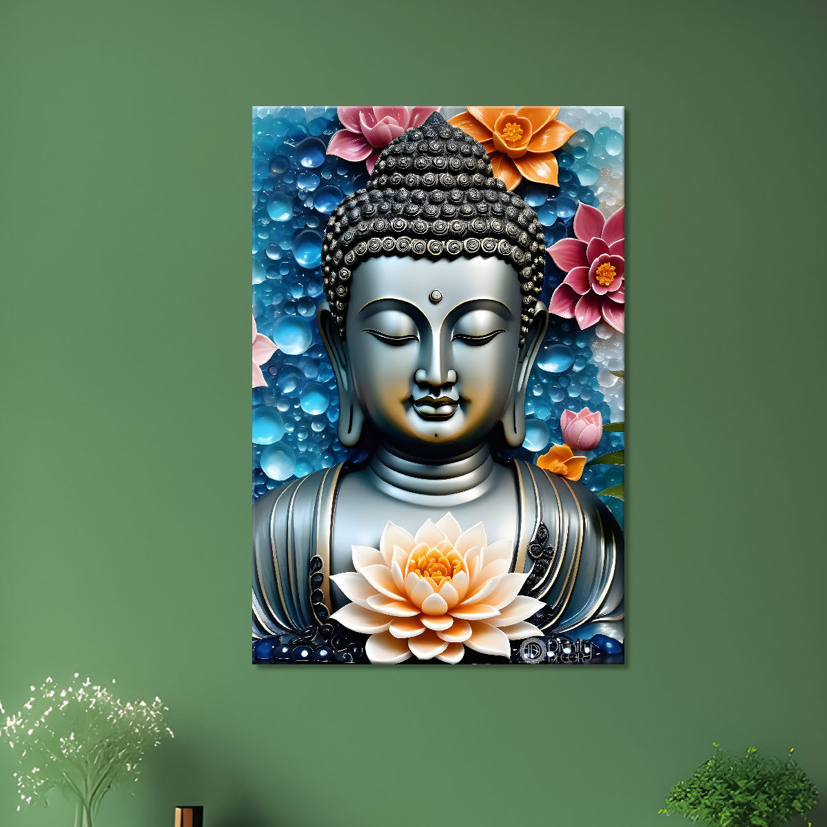 Grey buddha with colourful flowers textured painting - Buddha-V-59