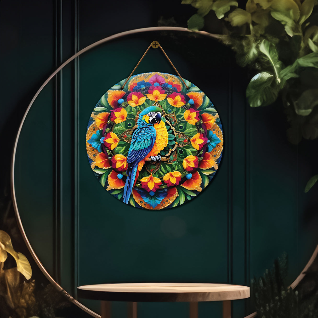 Parrot in floral and green mandala Round Wooden Wall Hanging for wall Décor - Design - 59