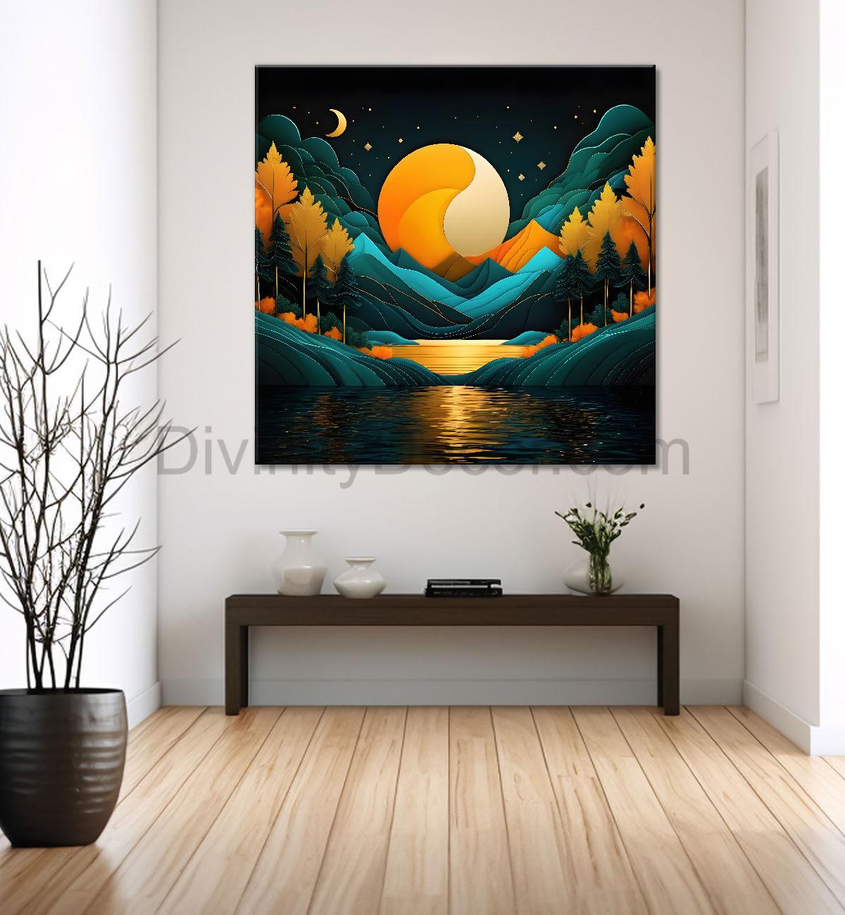 Green mountains with moon and trees painting Canvas Painting 24X24- Nature Art -S-59