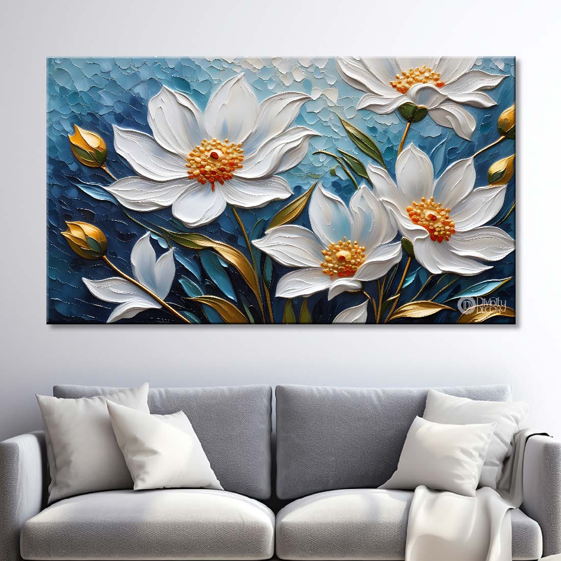 White flowers with blue textured painting- Design - Flower-60