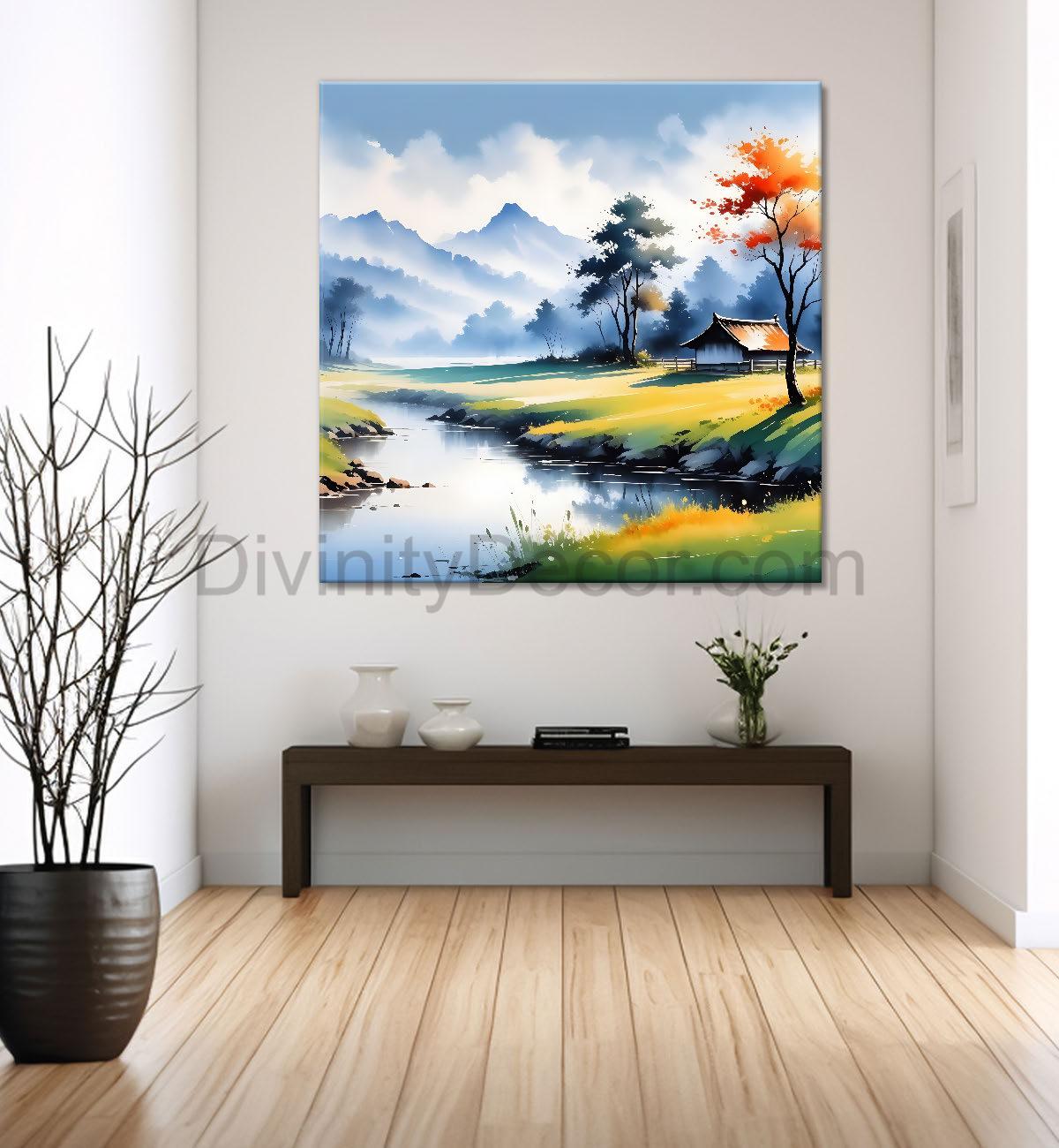 Mountains with trees and river painting Canvas Painting 24X24- Nature Art -S-60