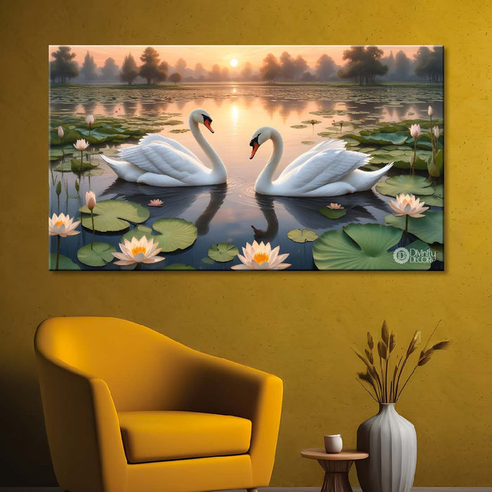 Two swans in the pond with lotus and sunrise textured art. - Design - Animal - 60