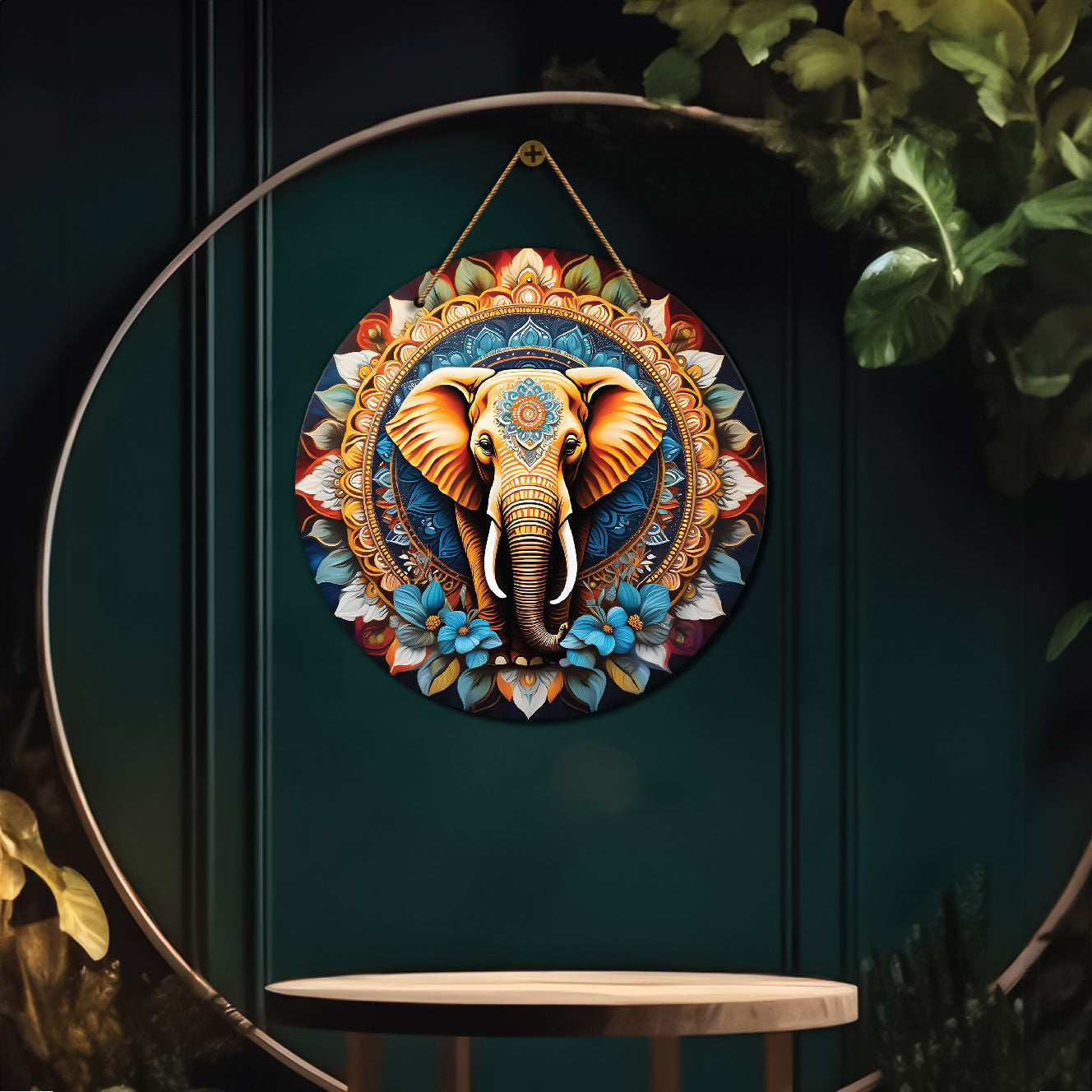 Elephant in floral and red mandala Round Wooden Wall Hanging for wall Décor - Design - 60