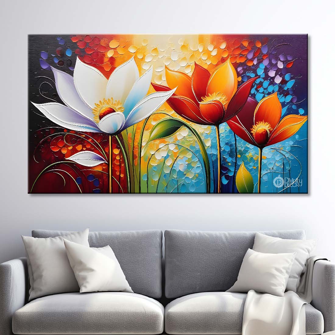 White and orange flowers with colorful textured painting- Design - Flower-61