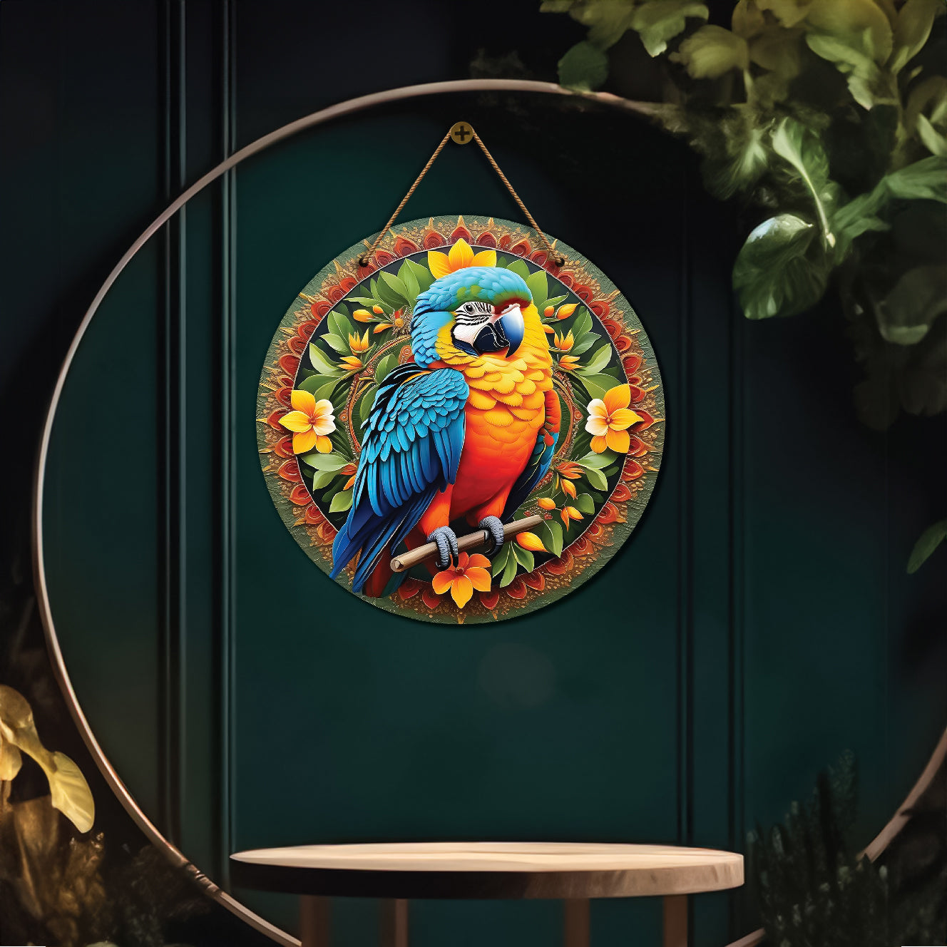 Parrot in green and yellow mandala Round Wooden Wall Hanging for wall Décor - Design - 61