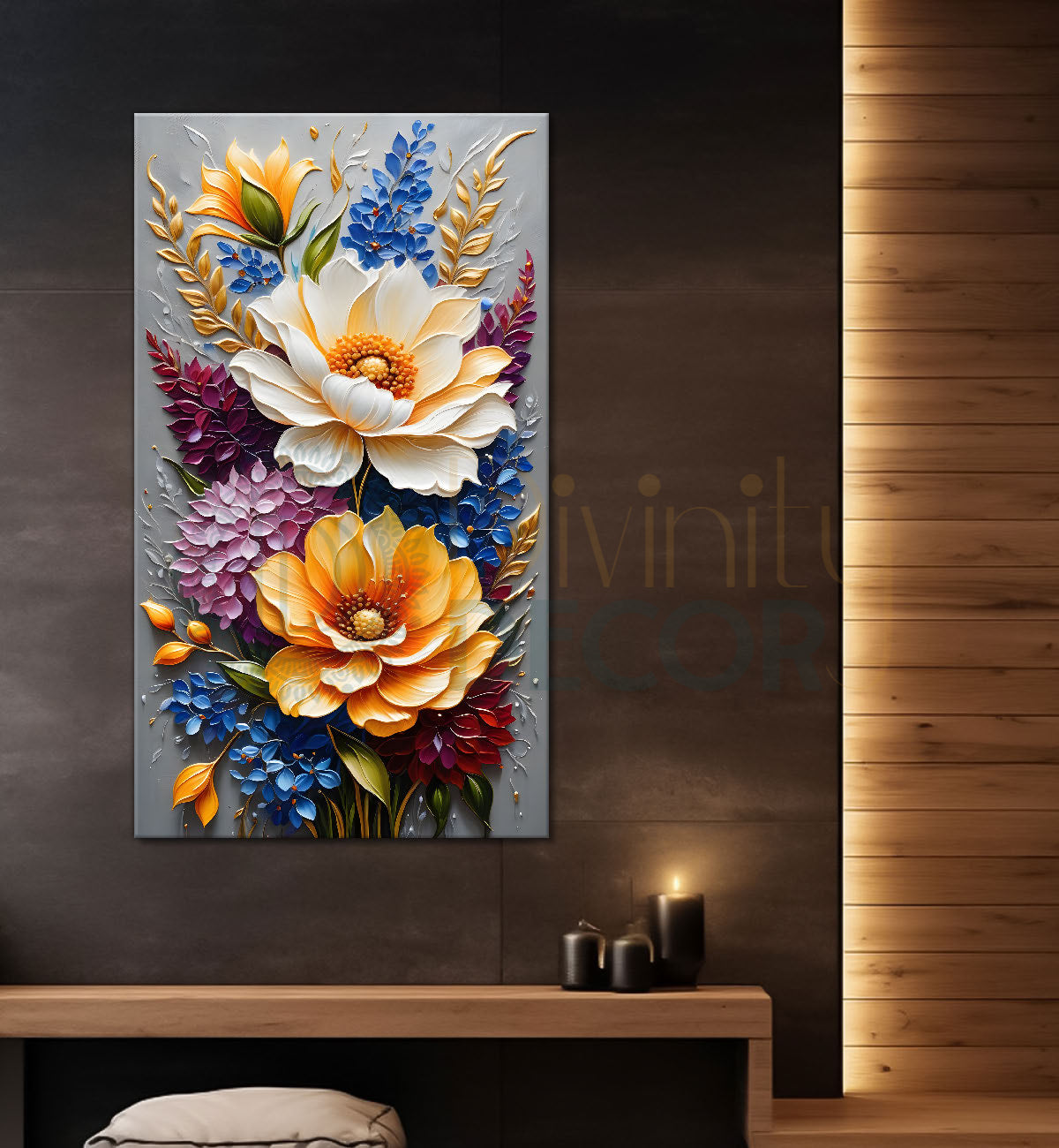 Colourful flowers in blue textured background painting - Flower-V-61