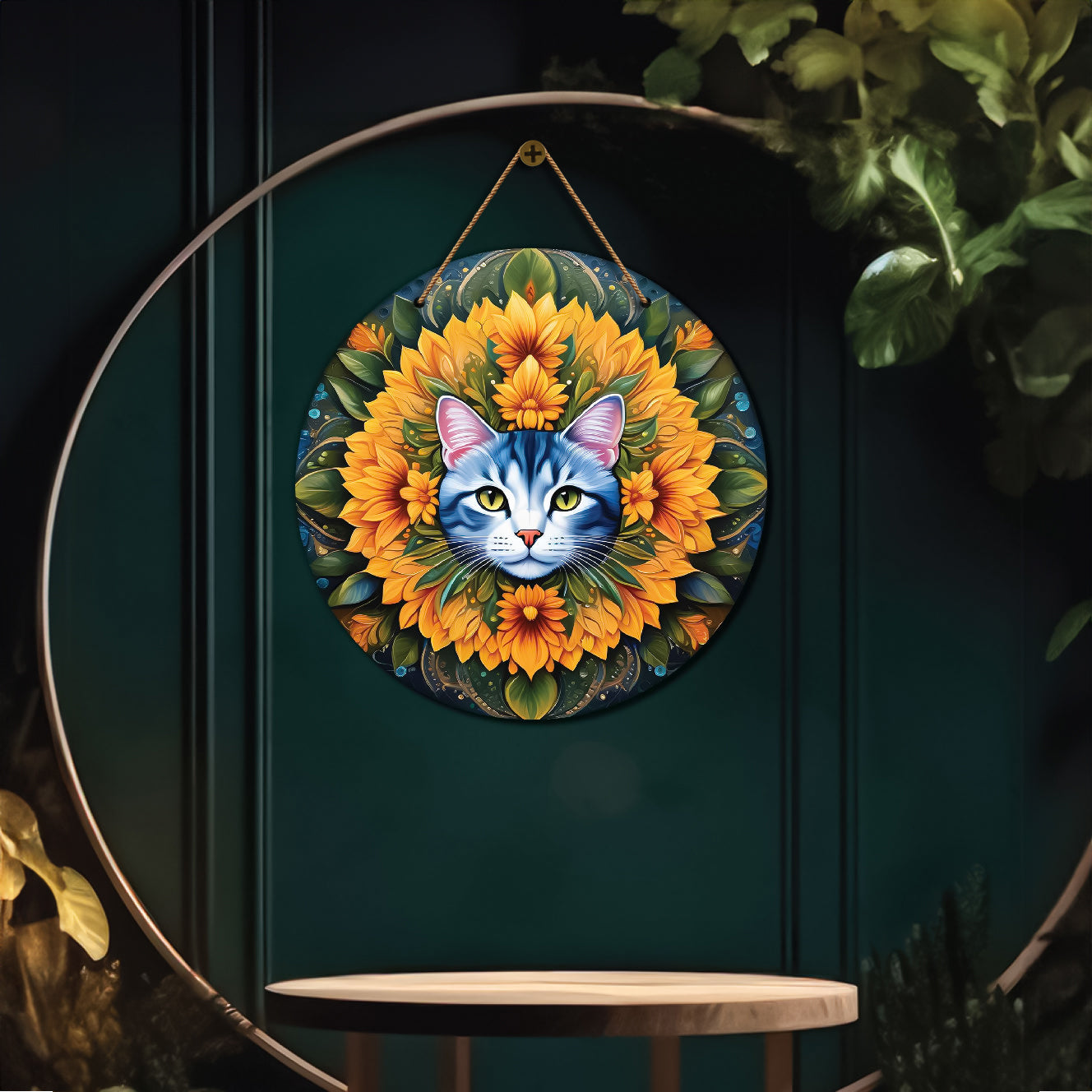 Cat in yellow and green mandala Round Wooden Wall Hanging for wall Décor - Design - 62
