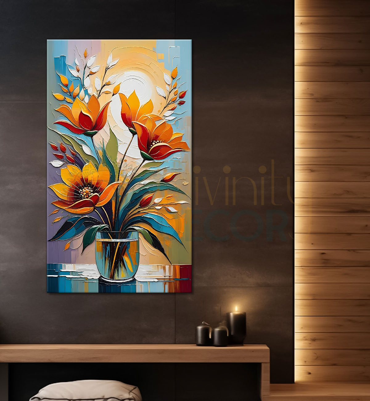 Orange flowers in blue textured background painting - Flower-V-62