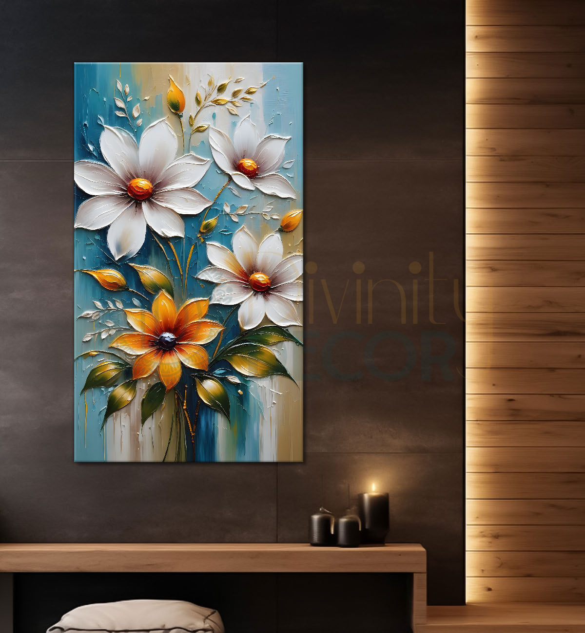 Orange and white flowers in blue textured background painting - Flower-V-63